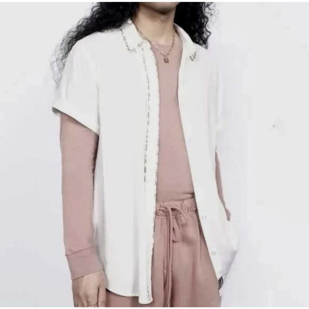 NEW Wildfang The Empower Button Up Shirt White/Rose Brown Rayon Size XL NWT